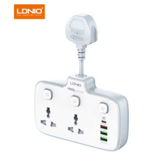 LDNIO SC2413 PD & QC3.0 2 Universal Outlets Power Socket — 2 Universal AC Outlets with Fast USB PD & QC3.0 Charging (White)